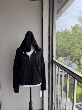 NWT Calvin Klein Black Half-Zip Hooded Pullover with Neon Accents Cotton Blend